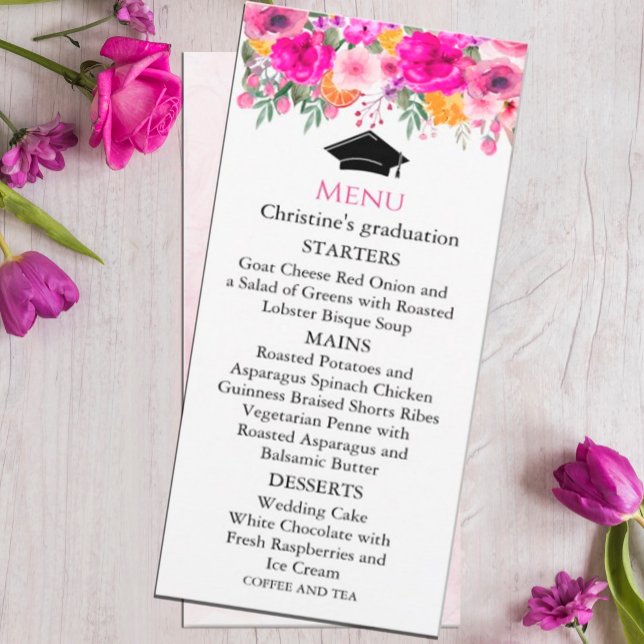 Colorful Wildblomma Vår Menu Studenten Inbjudningar (watercolor flowers in shades of pink and white in rustic garden greenery. #graduationpartsupply )