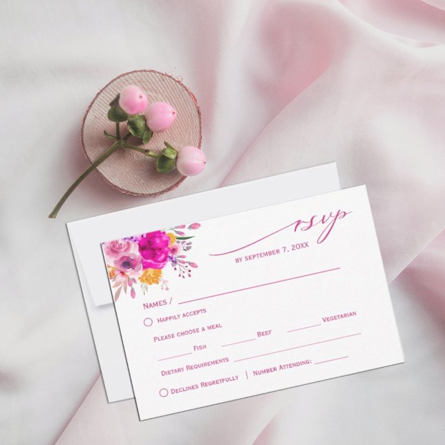 Colorful Wildblomma Vår OSA Kort (watercolor flowers in shades of pink and white in rustic garden greenery. #rsvp #responsecards)