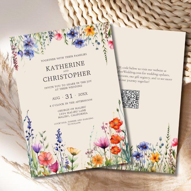 Colorful WildblommBeige Elegant bröllop Inbjudningar (Colorful Wildflowers Beige Elegant Wedding Invitation with jewel tone flowers in purple, red, orange)