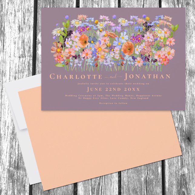 Colorful WildblommBoho Chic Bröllop Inbjudningar (Colorful Wildflower Boho Chic peach Wedding invitation with elegant typography script)