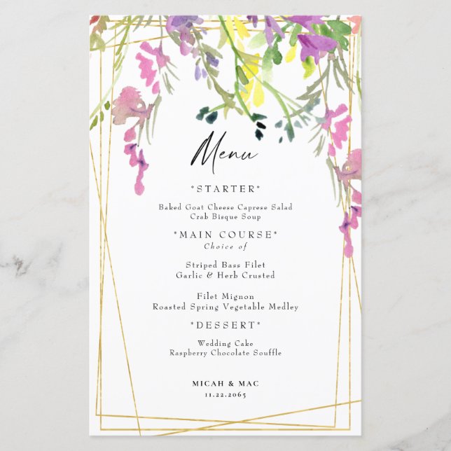 Colorful Wildblomme Geometric Bröllop Menu II (Framsida)