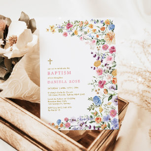 Colorful Wildblomme Meadow Girl Baptism Inbjudningar