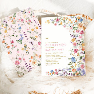 Colorful Wildblomme Meadow Girl Christening Inbjudningar