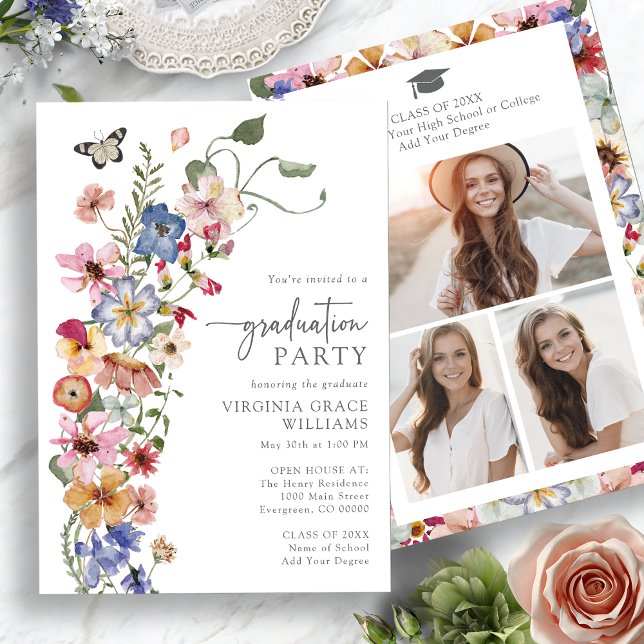 Colorful WildblommPhoto Studenten Inbjudningar (Colorful Wildflower Photo Graduation Invitation with Butterfly by Painted Paperie
)