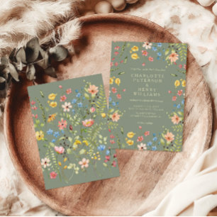 Colorful WildblommSage & Gult Garden Wedding Inbjudningar