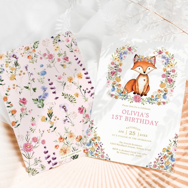 Colorful WildblomWoodland Fox Girl Birthday Inbjudningar (Skapare uppladdad)