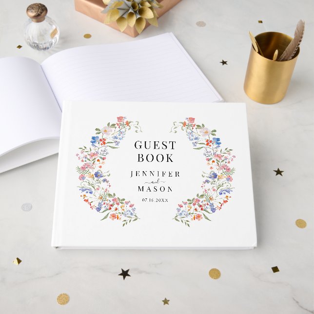 Colorful Wildflower Boho Floral Wedding Guest Book Gästböcker (Framsida Öppen)