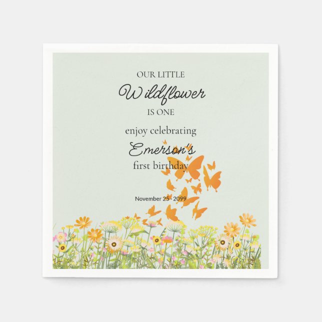 Colorful Wildflower Butterfly 1st Birthday Pappersservett (Framsidan)