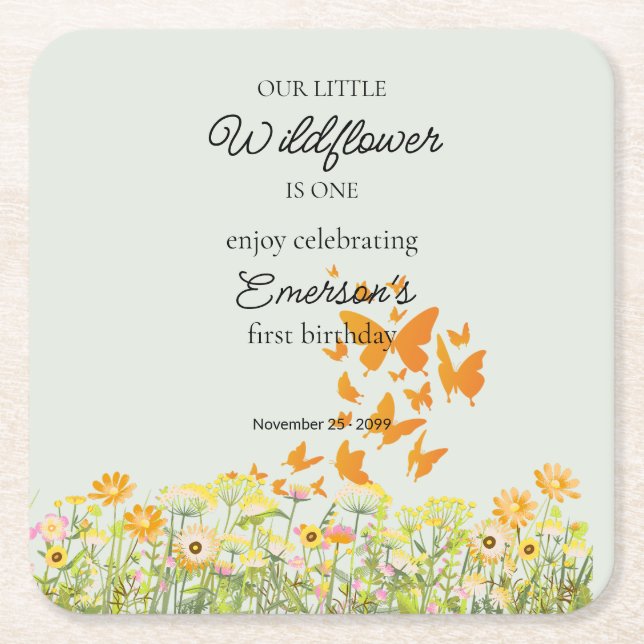Colorful Wildflower Butterfly 1st Birthday Underlägg Papper Kvadrat (Framsidan)