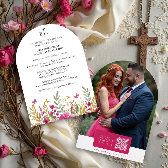 Colorful Wildflowers & Butterflies Faith Wedding Inbjudningar (Romantic Colorful Wildflowers and Butterflies Christian Wedding Invitation Cards with Initials.)