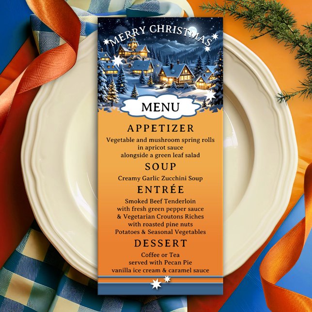 Colorful Winter Wonderland jul Menu Meny (Christmas menu card featuring a festive design with a winter wonderland scene on bright orange red)