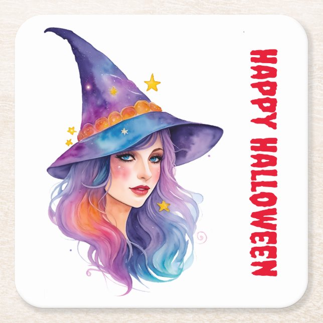 Colorful Witch Teckning Halloween Underlägg Papper Kvadrat (Framsidan)