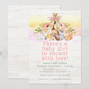 Colorful Woodland Animals Camping Girl Baby Shower Inbjudningar