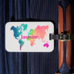 Colorful World Map Custom Monogram Name Luggage  Bagagebricka<br><div class="desc">Add a fun touch to your travels with this colorful girly world map luggage tag! The bright travel map design makes your suitcase easy to spot at the airport and adds a stylish, feminine touch to any bag. Personalize it with your name to create a unique custom luggage tag that’s...</div>