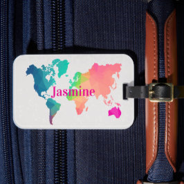 Colorful World Map Custom Monogram Name Luggage  Bagagebricka