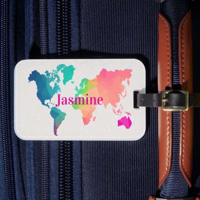 Colorful World Map Custom Monogram Name Luggage  Bagagebricka (Framsida Insitu 4)