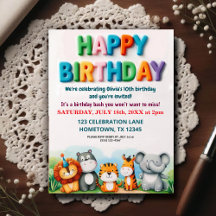 Colorful Zoo Animals Birthday Party Invitation