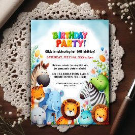 Colorful Zoo Animals Birthday Party Invitation Vykort