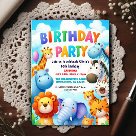 Colorful Zoo Animals Birthday Party Invitation Vykort