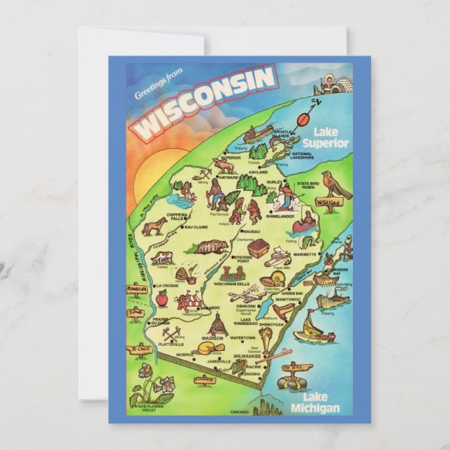 Colorfully Illustrated 5x7 Big Wisconsin Postcard (Framsida)