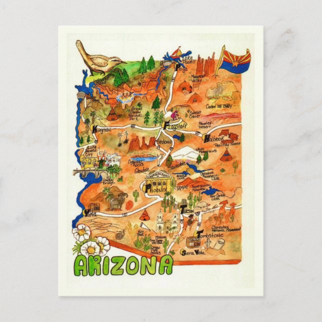 Colorfully Illustrated Arizona Map Postcard Vykort (Framsida)