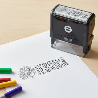 Coloring Book Peacock and Name Stamp Självfärgande Stämpel