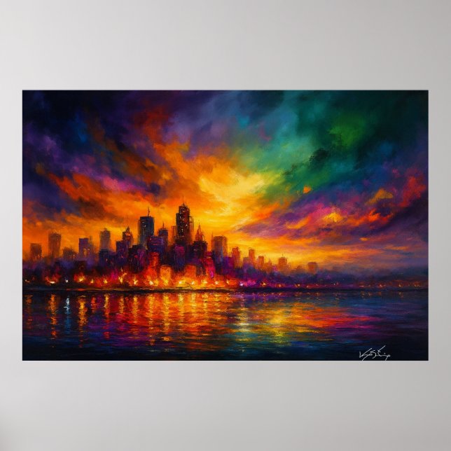 Colorstorm Metropolis Abstract Skyline at Dusk Poster (Framsidan)