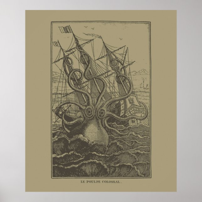 Colossal Octopus Kraken Attacking Frakt Sea Monste Poster (Framsidan)