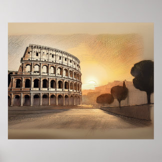 Colosseumstruktur i Rom skissad vid solnedgång Poster