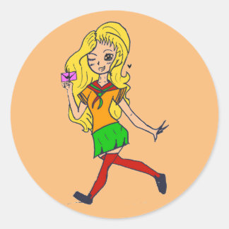 Colourful blonde cartoon girl. Fluffy. Runt Klistermärke