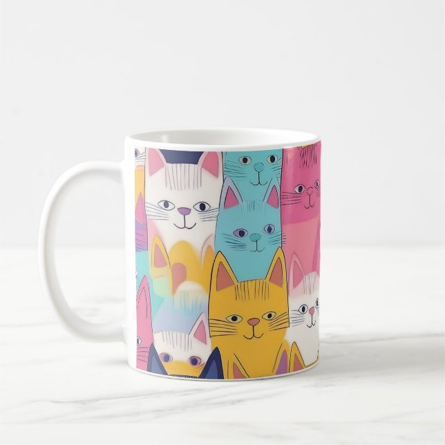 Colourful Cats Mug – Playful Feline Pop Art Kaffemugg (Vänster)