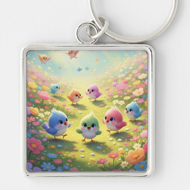 Colourful Chicks Keyring Fyrkantig Silverfärgad Nyckelring (Framsidan)