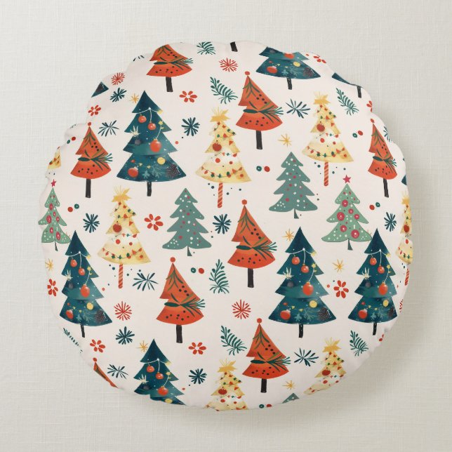 Colourful Christmas Pine Trees Seamless Pattern Rund Kudde (Framsidan)