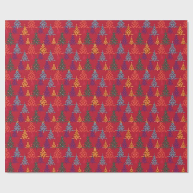 Colourful Christmas Trees Xmas Red Presentpapper (Platt)