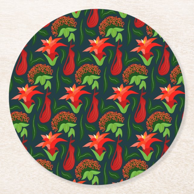 Colourful Exotic Flowers Leaves Pattern-23187 Underlägg Papper Rund (Framsidan)