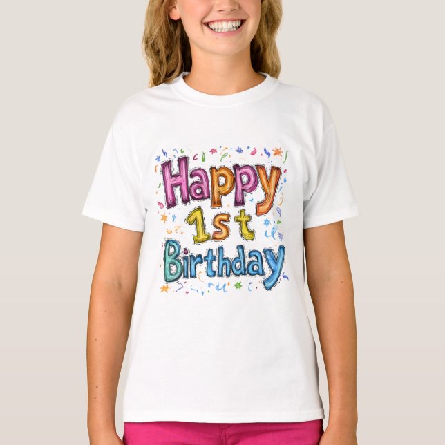 Colourful Happy 1st Birthday Celebration Text T Shirt (Framsida)