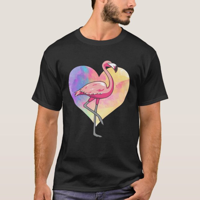 Colourful Heart Pink Flamingo Bird T Shirt (Framsida)