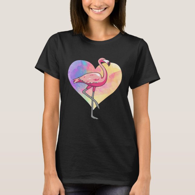 Colourful Heart Pink Flamingo Bird T Shirt (Framsida)