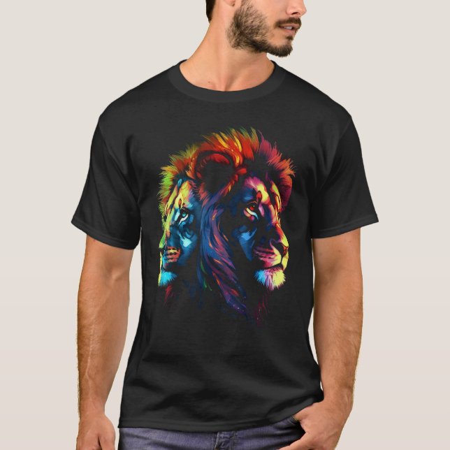 Colourful Lion  Ying and Yang  Zoo Animal Lion T Shirt (Framsida)