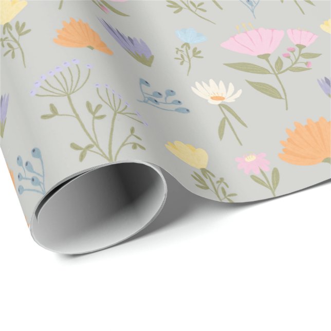Colourful meadow on grey presentpapper (Rullad Hörn)