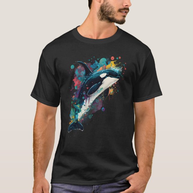 Colourful mystical orca whale watching dolphin pot t shirt (Framsida)