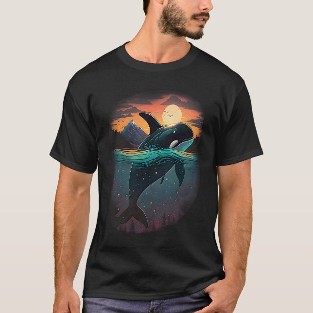 Colourful mystical orca whale watching dolphin pot t shirt (Framsida)