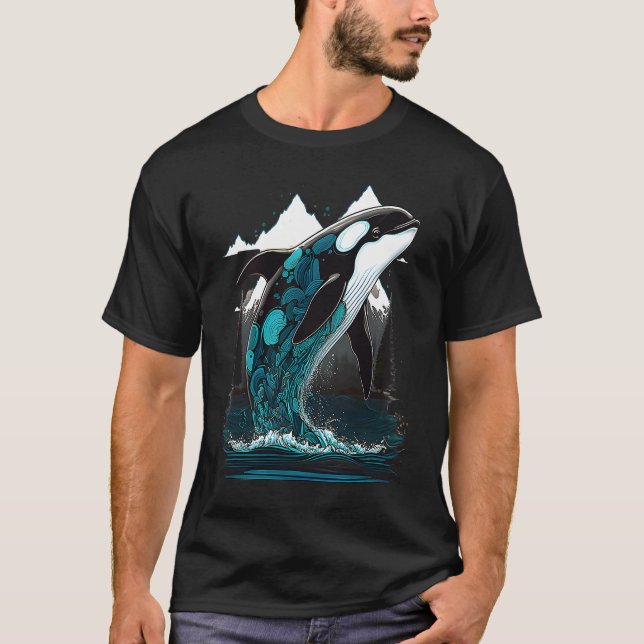 Colourful mystical orca whale watching dolphin pot t shirt (Framsida)