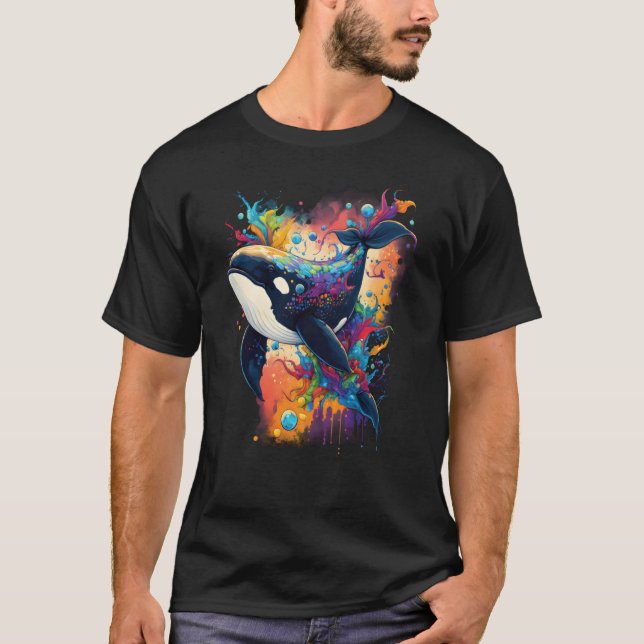 Colourful mystical orca whale watching dolphin pot t shirt (Framsida)