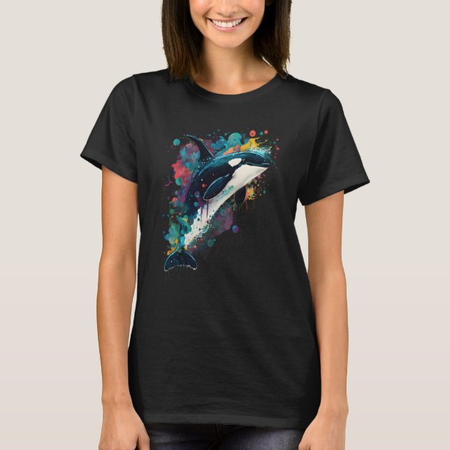 Colourful mystical orca whale watching dolphin pot t shirt (Framsida)