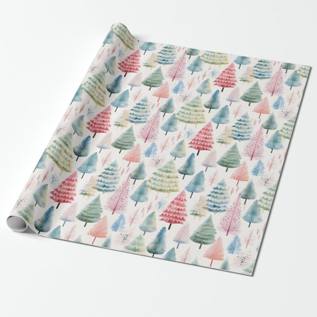 Colourful Pastel Christmas Pine Trees Pattern Presentpapper (Utrullad)