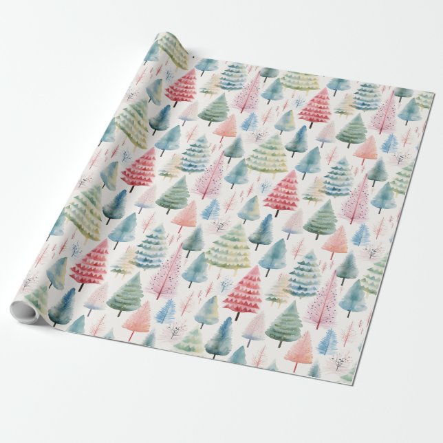 Colourful Pastel Christmas Pine Trees Pattern Presentpapper (Utrullad)