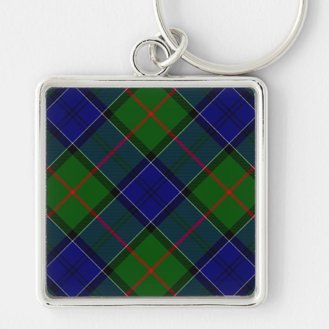 Colquhoun tartan blue grönt plaid fyrkantig silverfärgad nyckelring (Framsidan)