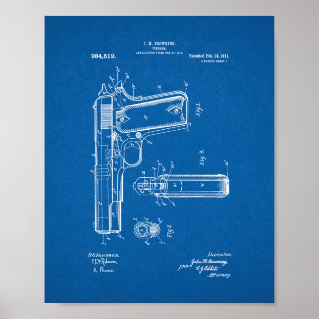 Colt 1911 Gun Patent - blåkopia Poster (Framsidan)