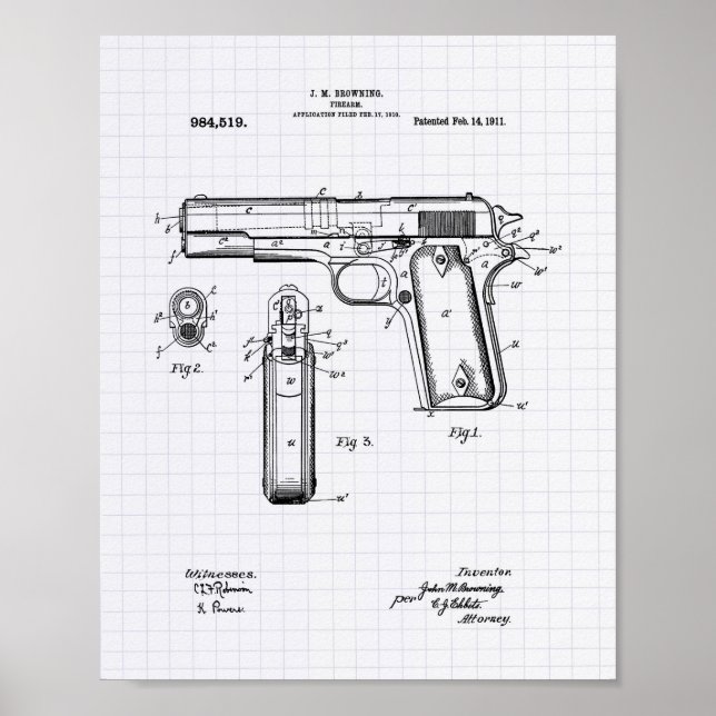 Colt.45 1911 Patent Art - Lintade peper Poster (Framsidan)